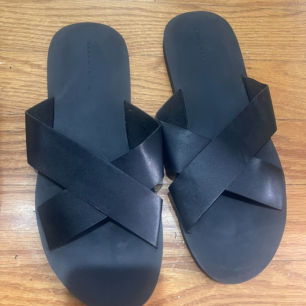 2 Zara slippers sandals Black and Brown Slide Sandals Sz 45 - Picture 4 of 11
